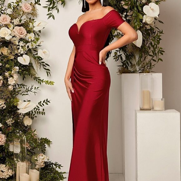 Red Preppy Womens Off Shoulder Ruched Split Thigh Dress - Picture 3 of 5